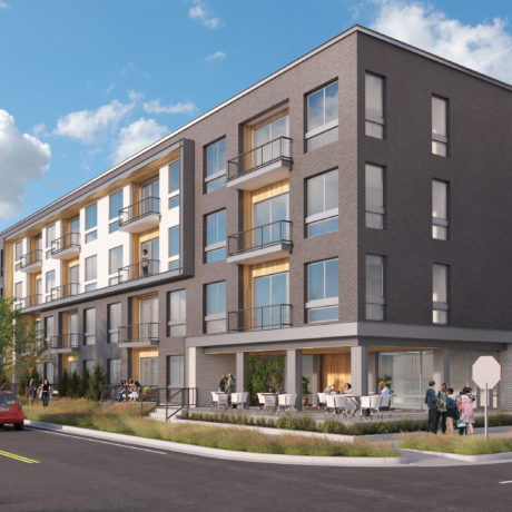 American Fork Apartments rendering. A 4 story tall building that is brown and has large windows. The floor level is a restaurants with outside is a walking path.